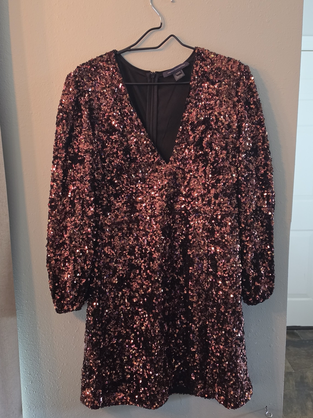 French Connection Rose Gold Sequin Mini Dress XL 12 Long Sleeve Party Cocktail H